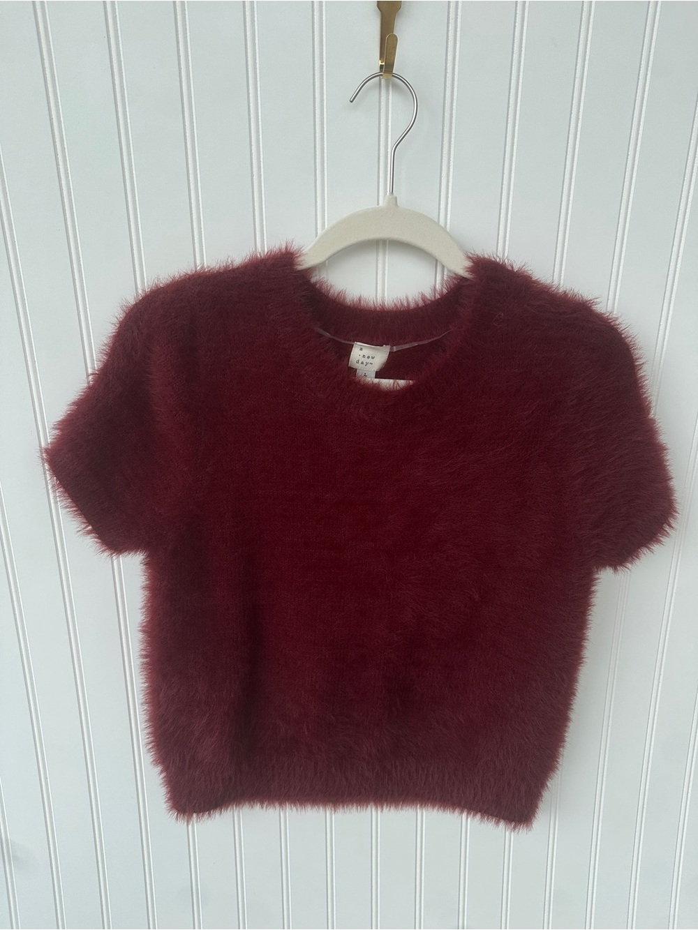 Fuzzy Short-Sleeve Sweater, Burgundy, Red Wine, Mulberry Red